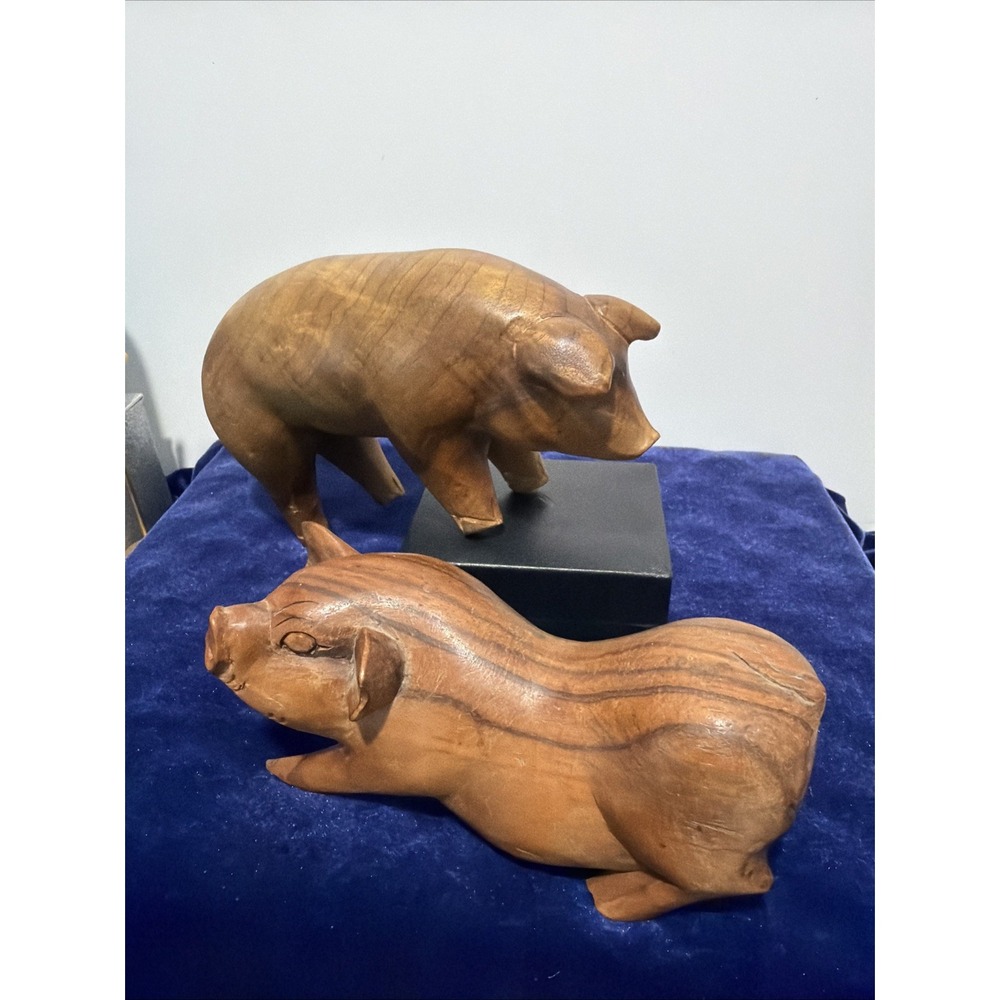 Hand Carved Wood Potbelly Pig hog boar very unique & rare Set Of 2